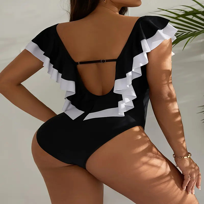Women Color Block Ruffle One Piece Swimsuit - V Neck Backless Bathing Suit